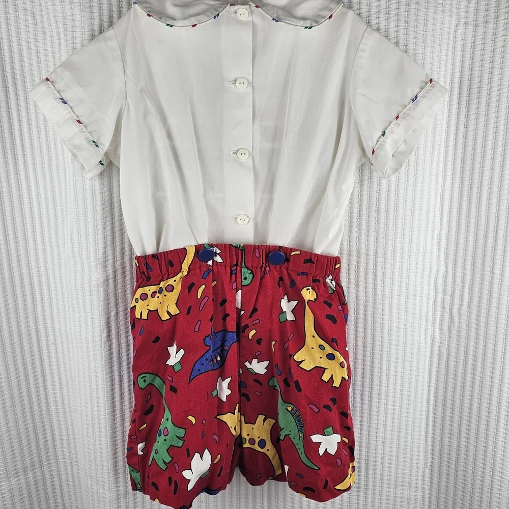 VTG Button-in Smocked‎ Dinosaur 2pc Outfit Colorful Dino Pleated